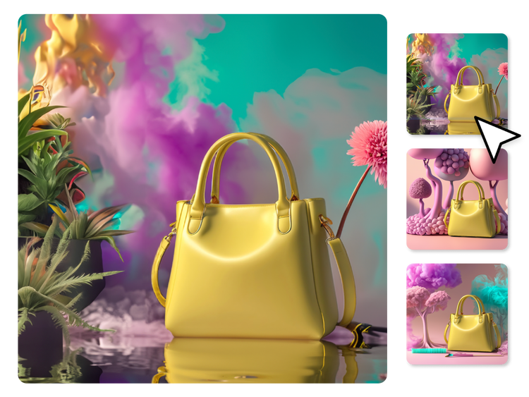 A product shot of a yellow handbag against a backdrop of plants, flowers, and pink smoke. Beside it are three image variations in different color schemes, with a cursor selecting the final shot.
