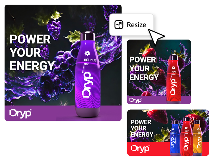 A collage of energy drink brand images in different sizes and with variations in colors and numbers of product shots, along with a user interface element that says “Resize.”