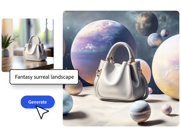 A gray handbag composited into a scene with pastel-colored planets. Beside it are the original image of the handbag on a tabletop, a text prompt bar with the words “Fantasy surreal landscape,” and a button with the word “Generate.”
