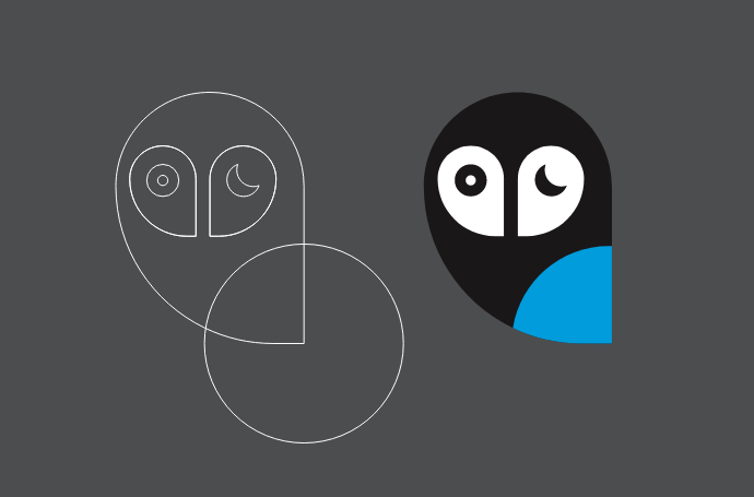 Image of an owl logo wireframe next to a finished owl logo