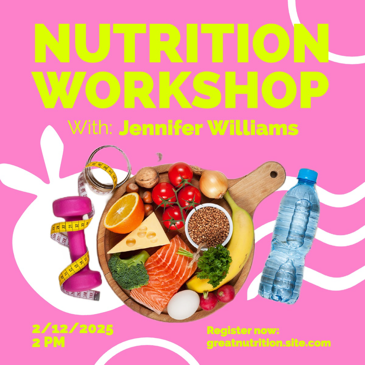 A content creator's Instagram post promoting their nutrition workshop with imagery of food, workout equipment, and water