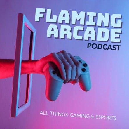 "Flaming Arcade Podcast" cover art with a hand reaching through a frame holding a gaming controller against a purple background