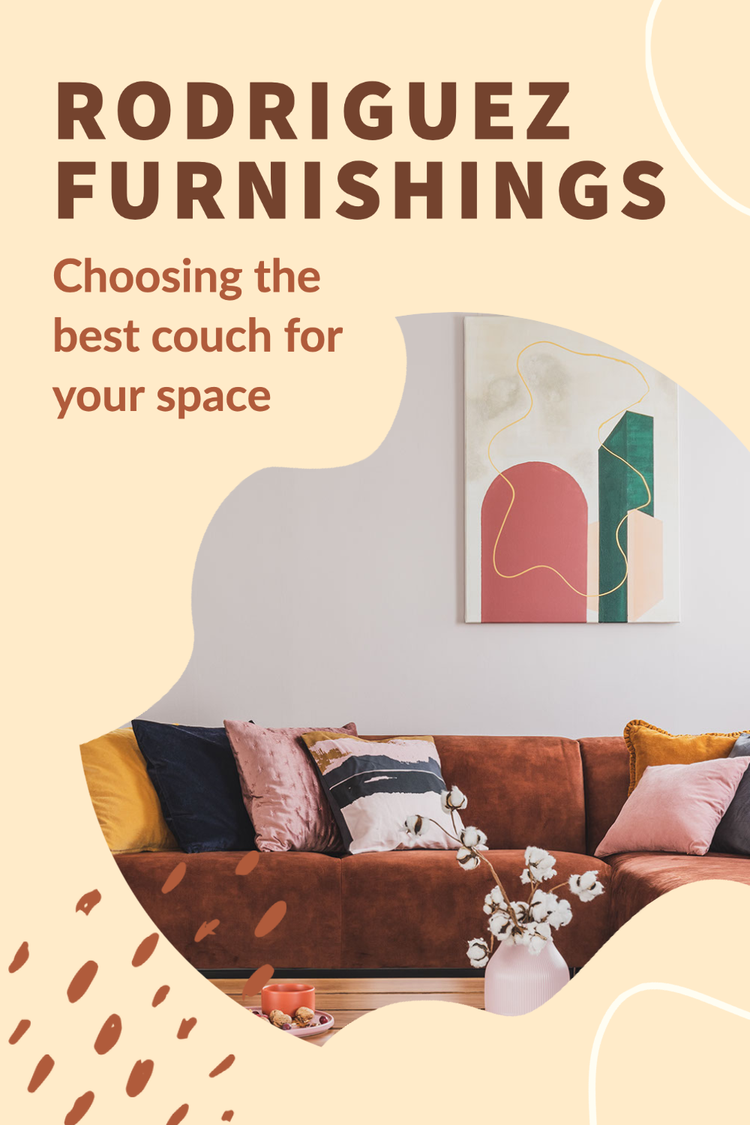 "Rodriguez furnishings – Choosing the best couch for your space" Pinterest pin with a brown couch and lots of pillows