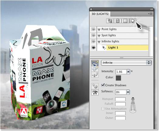 The 3D Lights panel in Photoshop Extended enables you to manipulate the lighting of your 3D object.