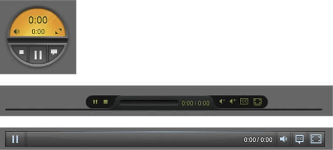 Three control bar skins that can be applied to the REOPS player.