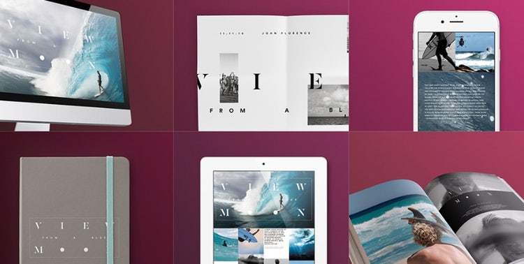 Desktop, phone, tablet, and book displaying design layouts