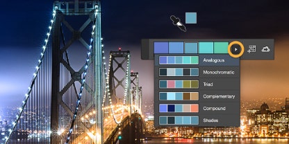 Color palates user interface over an image of a city bridge at night
