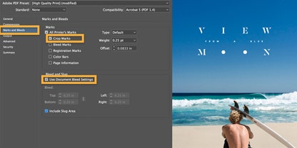 Screenshot showing InDesign user interface designing poster of a surfer at the beach