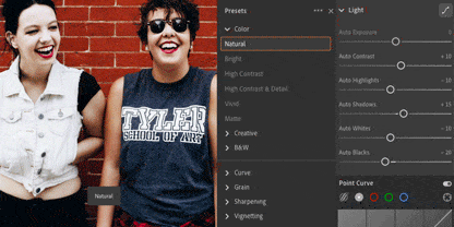 Image of two laughing people standing in front of a brick wall inside of the Lightroom product interface with the editing menus open.