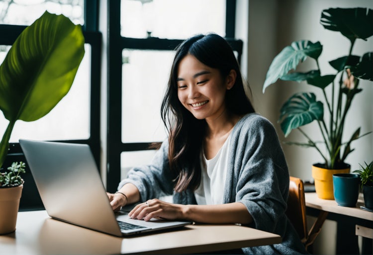 A woman uses her laptop to research who needs to sign an invoice and if every invoice needs to be signed.