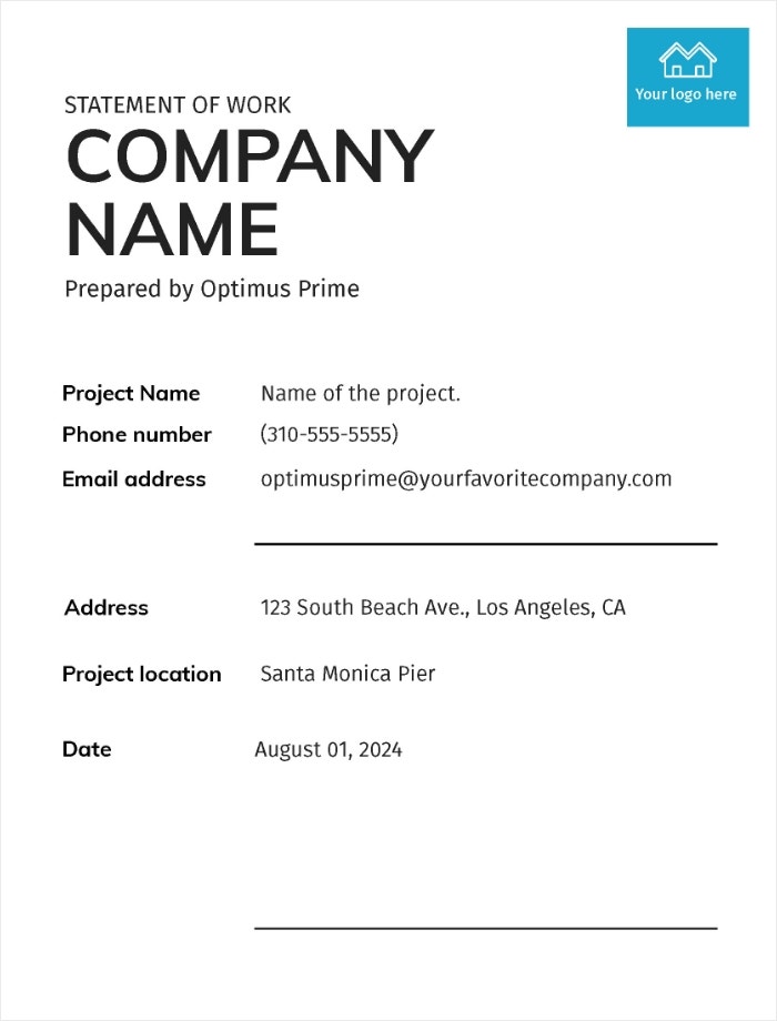 Screenshot of a statement of work template.