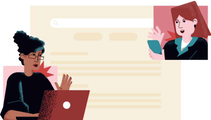 In the left corner, a woman is shown working on her laptop, and in the top right, a woman is shown using her smartphone.