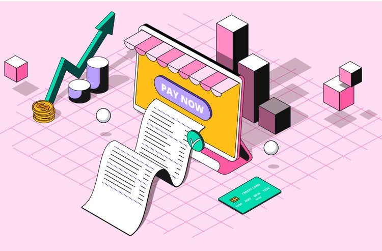 A stylized image of an invoice printout from a store and surrounding financial elements.