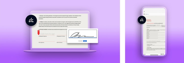 Two images: One of signing a PDF document on a laptop computer and one of editing a PDF document on a mobile phone