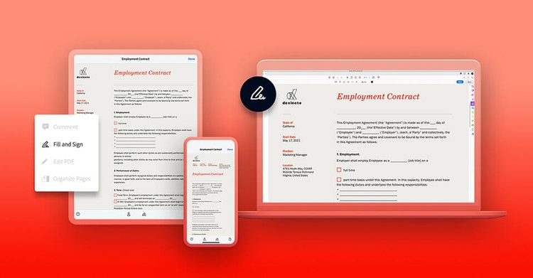 A graphic of signing an employment contract on a tablet device, mobile phone, and laptop using Adobe Sign