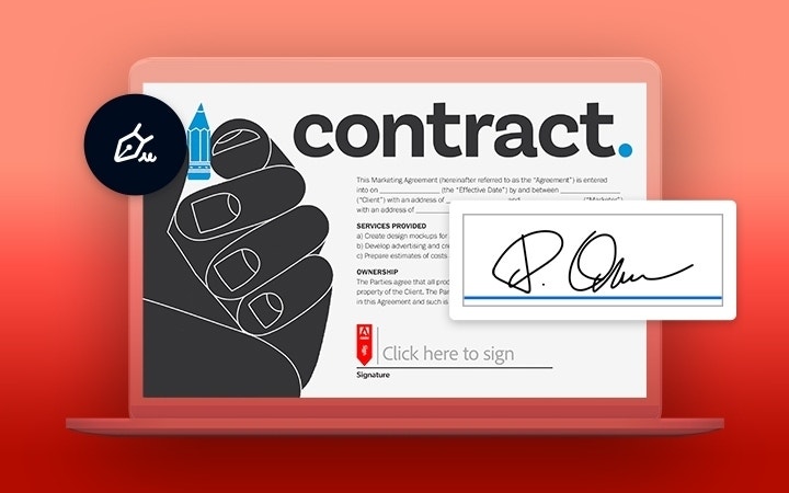 An electronic contract is displayed on a laptop.