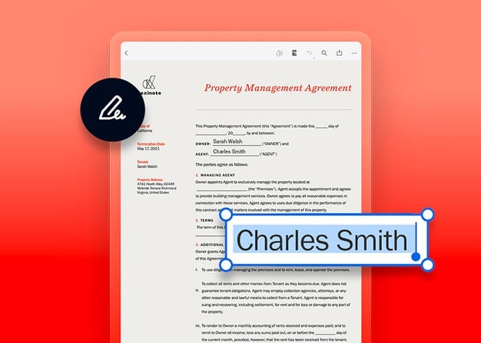 A graphic of a property management agreement on a tablet device