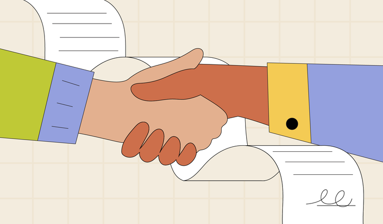 Two hands shake with a purchase agreement in the background.