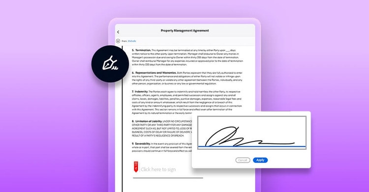 A graphic of signing a property management agreement on a tablet device using Adobe Sign