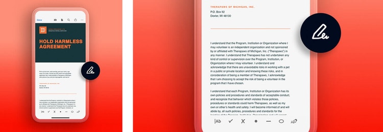 A graphic of a hold harmless agreement on a mobile phone next to a separate graphic of a hold harmless agreement on a tablet device