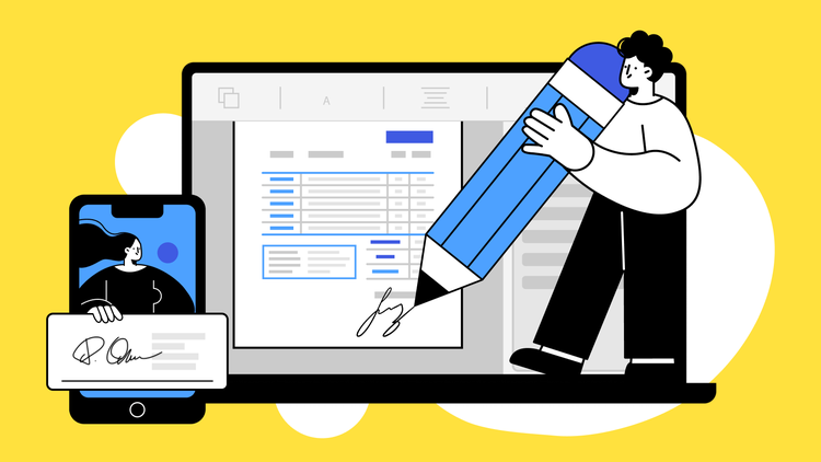 An illustration of a person holding a giant pencil creating a digital signature on a computer screen.