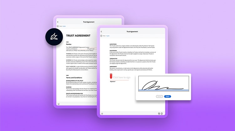 Three people reviewing and signing a contract together at a table