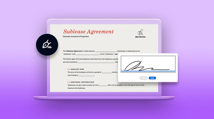 A graphic of signing a sublease agreement on a laptop using Adobe Sign