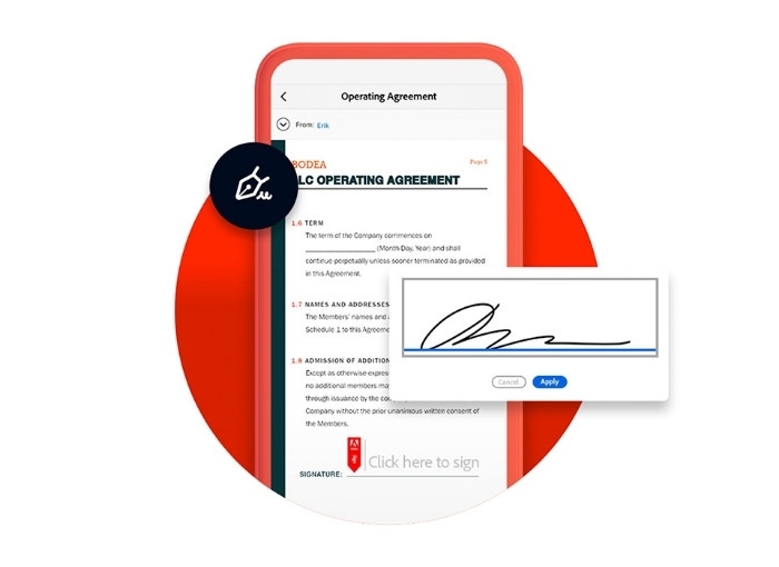 Mock-up of an operating agreement being signed using Acrobat Sign with signature and icon overlaid on a cellphone.