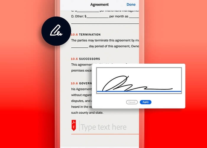 A graphic of signing a property management agreement on a mobile phone using Adobe Sign