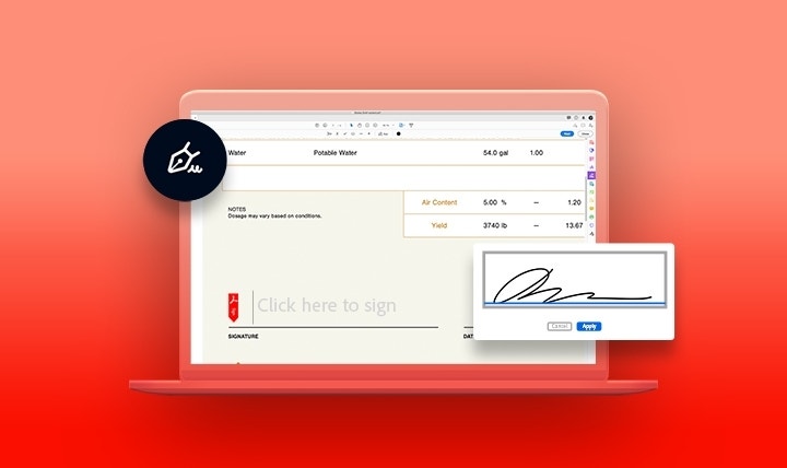 An example of a construction contract document on a laptop. At the bottom of the contract is a space to sign electronically using Adobe Acrobat Sign. An example e-signature is shown.