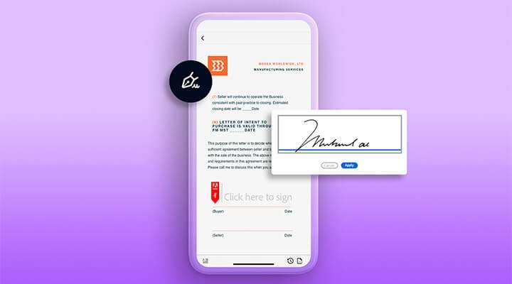 A graphic of signing a letter of intent to purchase on a mobile phone using Adobe Sign