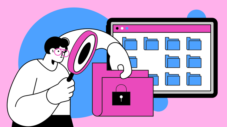 An illustration of a person holding a magnifying glass with one hand and holding a locked digital file with the other.