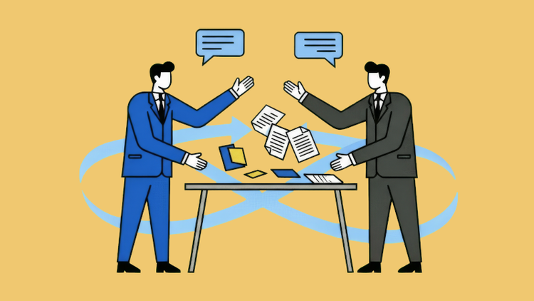 two businessmen working at a desk with several documents on it