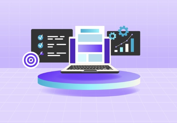 An illustration of a laptop with SOW templates on either side of it.