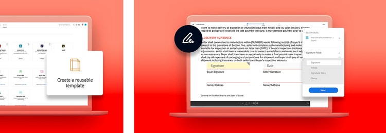 Two images side by side: one of creating a reusable template on a laptop and one of adding signatures to a PDF document