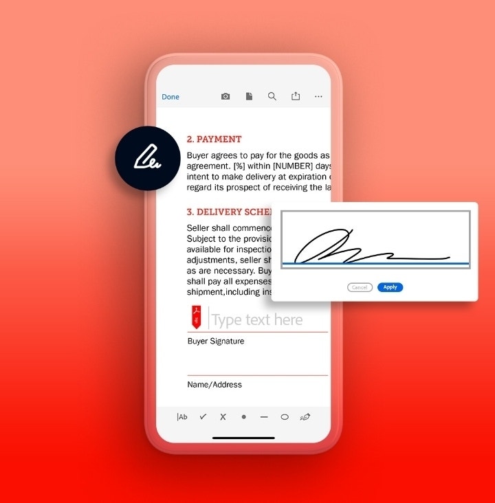 An image of a partnership agreement being electronically signed on a mobile phone using Adobe Acrobat Sign.