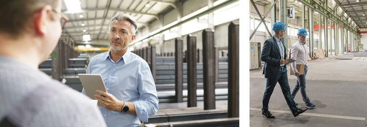 A photo of a person holding a tablet talking to someone else next to a photo of two people wearing hard hats walking through a warehouse together