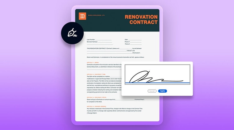 A graphic of signing a home improvement contract on a tablet device with Adobe Sign