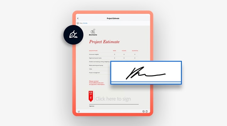 A mockup of a project estimate on a tablet with the Adobe Acrobat icon and signature box overlaid