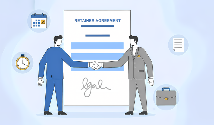 two men shaking hands in front of a retainer agreement document