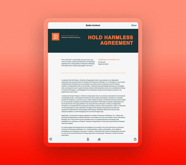 A hold harmless agreement on a tablet device