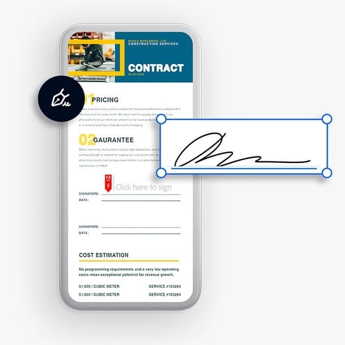 A subcontractor agreement is displayed on a phone with Acrobat Sign tools and icon overlaid