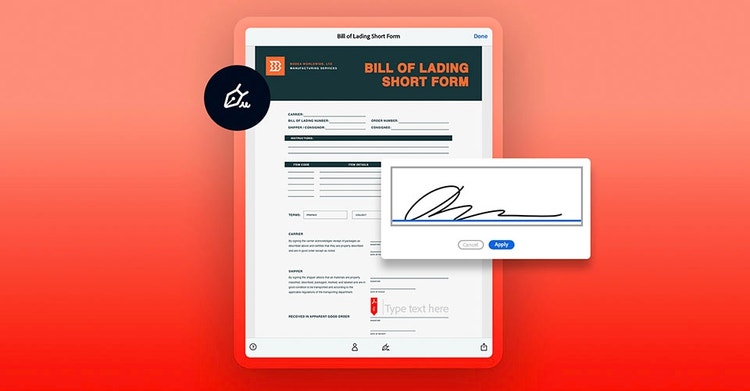 A bill of lading form on a tablet with a close up of an electronic signature against a red background.