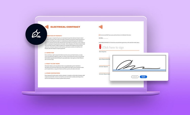 A graphic of adding a signature to a PDF document on a laptop computer