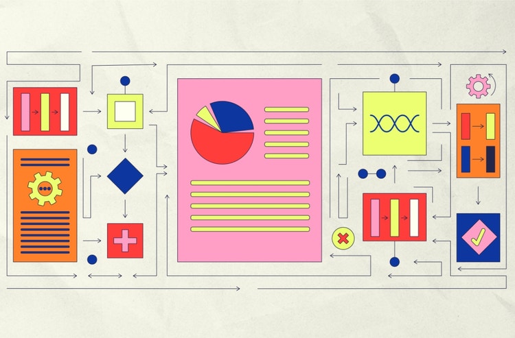 Multiple squares, triangles, and rectangles are surrounded by lines and arrows representing steps within process documentation.