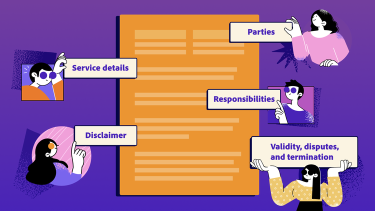 An engagement letter outlines involved parties, service details, disclaimers, responsibilities, and termination information.
