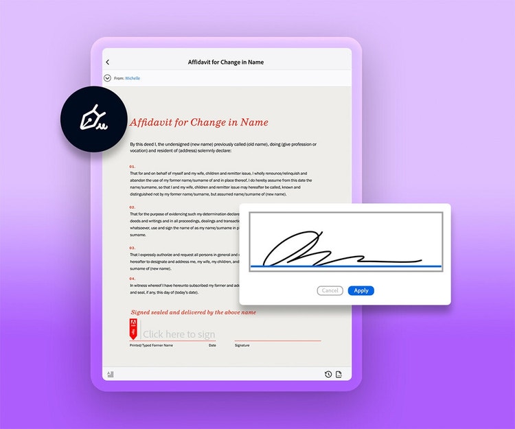 A graphic of signing a document on a tablet