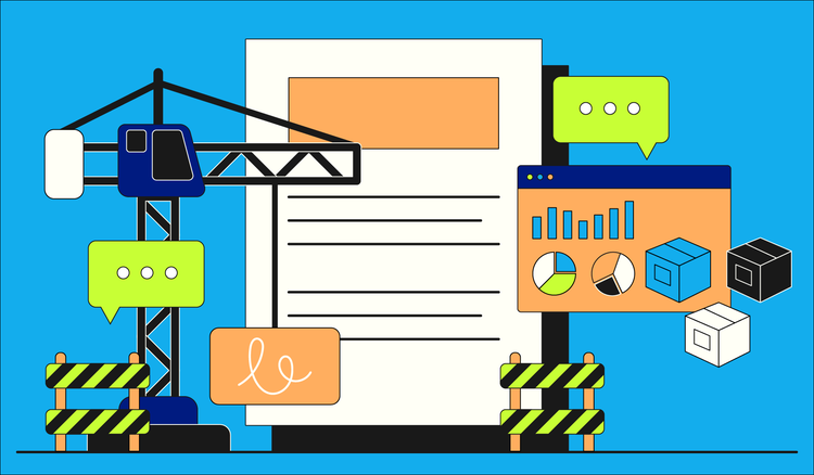A cost plus contract is shown with a crane, graphs and charts, and construction fences around it.