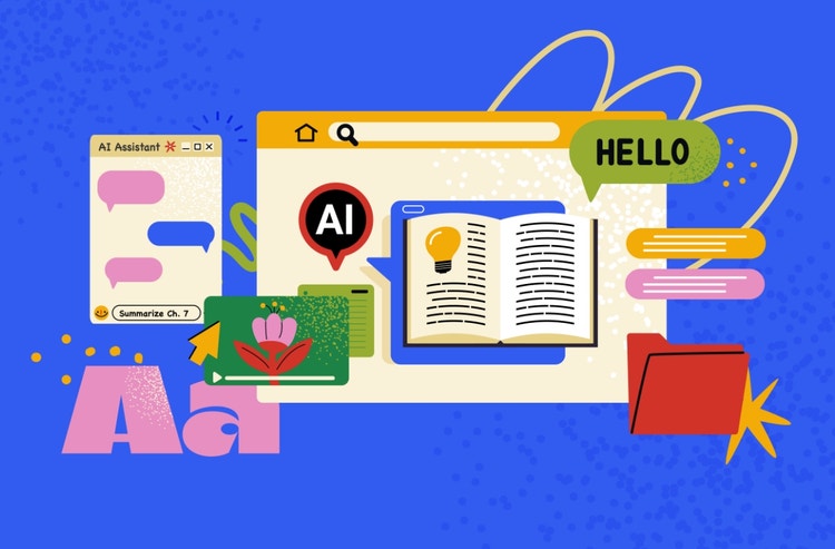 A computer window shows AI Assistant summarizing a classroom book chapter.