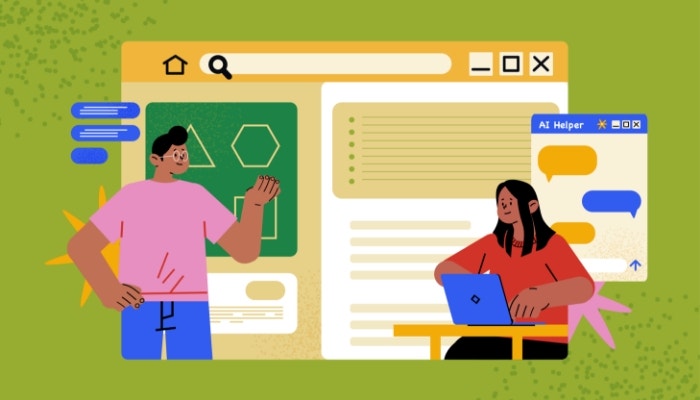 A person sitting at a desk asks AI Helper for assistance on their laptop while another person stands up and teaches.